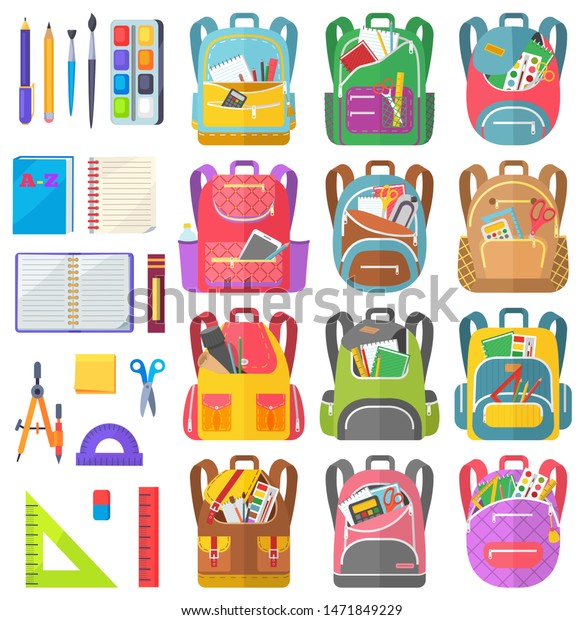 School bag set, notebook and sticker, dividers\
and scissors, ruler and tassel with pencil. Eraser and pen label on\
white, office object and backpack vector. Back to school concept.\
Flat cartoon