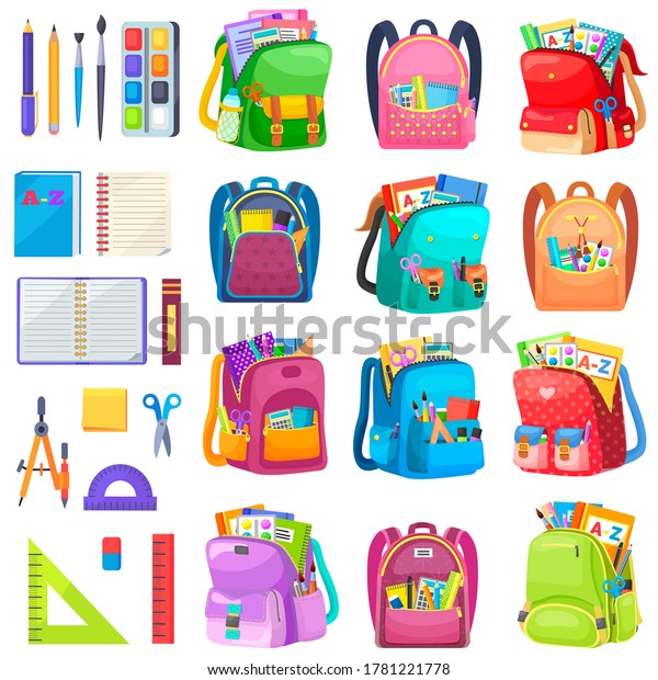 School bag set, notebook and sticker, dividers\
and scissors, ruler and tassel with pencil. Eraser and pen label on\
white, office object and backpack vector. Back to school concept.\
Flat cartoon
