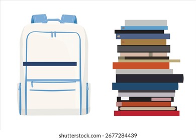 School bag and stack of books, isolated on white background. Vector illustration