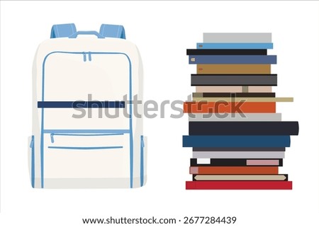 School bag and stack of books, isolated on white background. Vector illustration