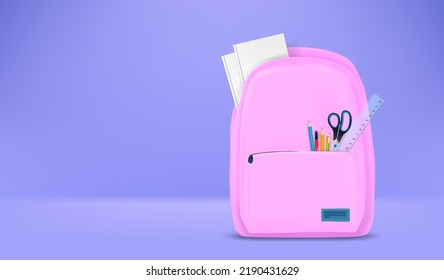 School bag with stationery. Back to school 3d vector banner with copy space
