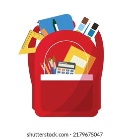 school bag with stationery. Back to school ad poster template. red college students backpack. Vector equipment with pencils and pen.
