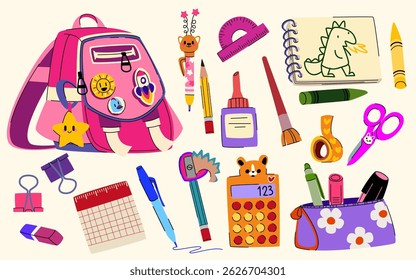 School bag and stationery set isolated on white background. Vector cartoon illustration of girly pink backpack, notepad, pen, pencil sharpener and eraser, scissors, calculator, education accessories