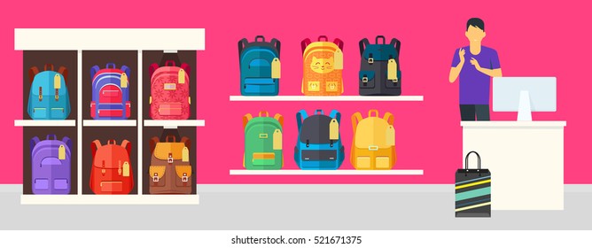 School Bag Store banner. Seller near white table offering some modern backpacks. Yellow and orange backgrounds. Various shapes, size and colour of backpacks. Different bags in white racks. Vector