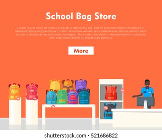 School Bag Store banner. Seller near white table offering some modern backpacks. Yellow and orange backgrounds. Various shapes, size and colour of backpacks. Different bags in white racks. Vector