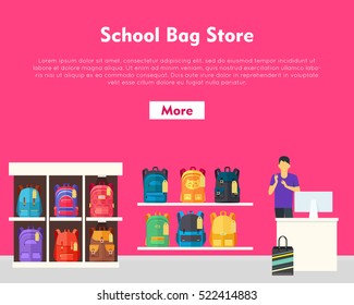School Bag Store banner. Seller near white table offering some modern backpacks. Yellow and orange backgrounds. Various shapes, size and colour of backpacks. Different bags in white racks. Vector