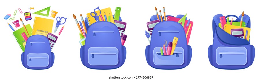 School bag with studying supplies and stationery inside. Backpack with notebook, paints and pen or pencil, ruler, calculator and brush. Back to school concept with student rucksack, Cartoon vector set