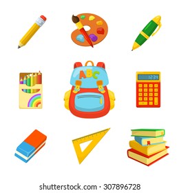 School bag and stuff. Children's backpack and stationery. School year beginning. Education design elements. 