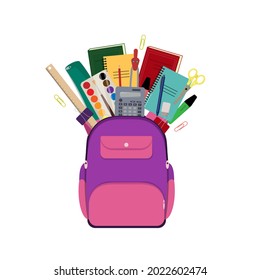 School bag with supplies. School backpack vector illustration