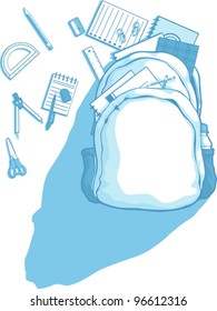 School Bag with School Supplies Scattered Around