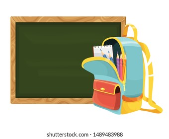 school bag with school supplies vector illustration