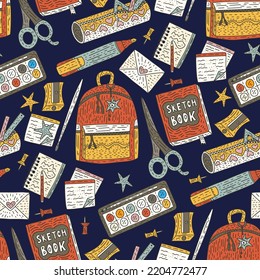 School bag teacher education seamless vector pattern doodle with supplies