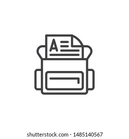 School bag with test result line icon. linear style sign for mobile concept and web design. Grade result A outline vector icon. Symbol, logo illustration. Vector graphics