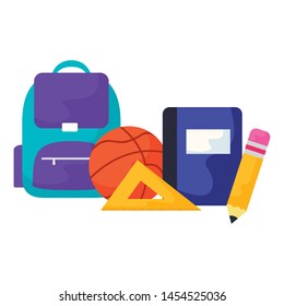 school bag with textbook and set supplies