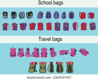 School bag And Traval bag set different types view vector Illustration