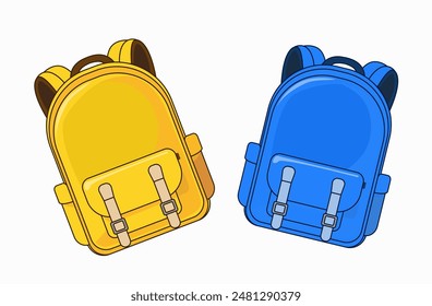 Bolso escolar, mochila de viaje. Mochilas azules y amarillas para niños. Maletín para libros de texto, material de oficina. Elemento aislado para componer póster, Anuncio, publicidad. Ilustración vectorial.