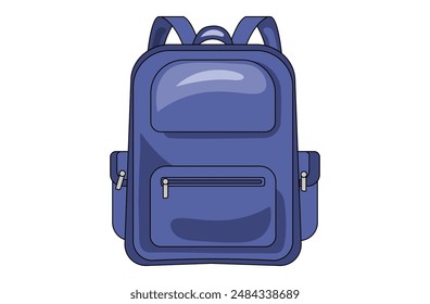 Bolso escolar, mochila de viaje. Azul 
bolsa de viaje para niños. Maletín para libros de texto, material de oficina. Elemento aislado para componer póster, Anuncio, publicidad. Ilustración vectorial.