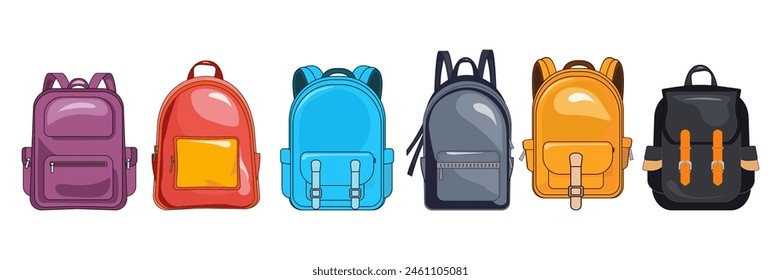 Bolso escolar, mochila de viaje. Un conjunto de diferentes mochilas para niños. Maletín para libros de texto, material de oficina. Elemento aislado para componer póster, Anuncio, publicidad. Ilustración vectorial.