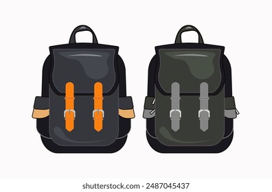 Bolso escolar, mochila de viaje. Dos maletas de viaje para niños. Maletín para libros de texto, material de oficina. Elemento aislado para componer póster, Anuncio, publicidad. De vuelta a la escuela. Ilustración vectorial.