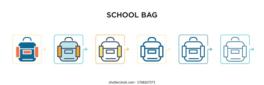 School bag vector icon in 6 different modern styles. Black, two colored school bag icons designed in filled, outline, line and stroke style. Vector illustration can be used for web, mobile, ui