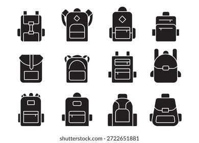 Schultasche, Vektorsymbol-Set. Silhouette der Tasche für Schule, College, Büro, Rucksack, Sporttasche und mehr. Vektorgrafik.