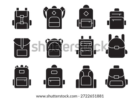School bag vector icon  set. Silhouette of bag for school, college, office, rucksack, sports bag and more. Vector illustration.