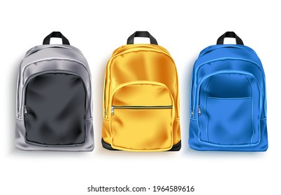 School bag vector set. School backpack and baggage 3d collection in gray, yellow and blue color for educational or travel elements isolated in white background. Vector illustration 