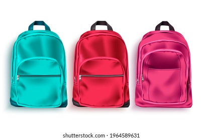 School bag vector set. School backpack and luggage 3d collection in green, red and pink color for educational or travel elements isolated in white background. Vector illustration 