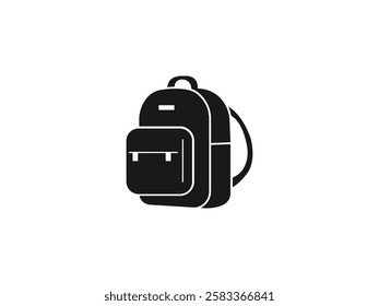 School Bag Vector Silhouette, Stylish Backpack Icon. Travel Rucksack Illustration with Zippers, Pockets, Compartments. College Knapsack Design. Educational, Fashionable, Durable Backpack for Students.