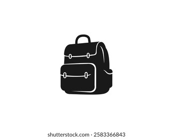 School Bag Vector Silhouette, Stylish Backpack Icon. Travel Rucksack Illustration with Zippers, Pockets, Compartments. College Knapsack Design. Educational, Fashionable, Durable Backpack for Students.