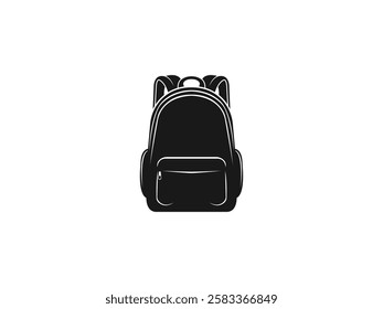 School Bag Vector Silhouette, Stylish Backpack Icon. Travel Rucksack Illustration with Zippers, Pockets, Compartments. College Knapsack Design. Educational, Fashionable, Durable Backpack for Students.