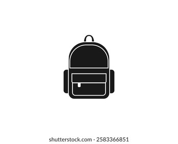 School Bag Vector Silhouette, Stylish Backpack Icon. Travel Rucksack Illustration with Zippers, Pockets, Compartments. College Knapsack Design. Educational, Fashionable, Durable Backpack for Students.