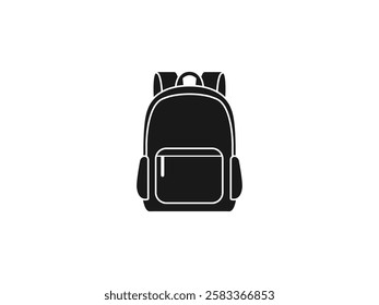 School Bag Vector Silhouette, Stylish Backpack Icon. Travel Rucksack Illustration with Zippers, Pockets, Compartments. College Knapsack Design. Educational, Fashionable, Durable Backpack for Students.