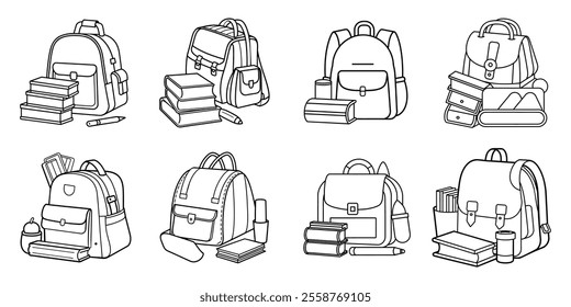 School bag vector in simple outline style. Digital drawing of a bag illustration.