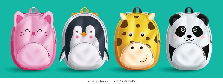 School bags animals vector set design. Back to school cute animal character backpack collection like cat, penguin, cow and panda for kids kindergarten educational elements. Vector illustration cute 