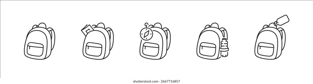 School bags and backpacks set of linear icons. Education and study accessories collection.