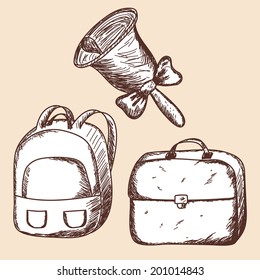 School bags and bell sketch. EPS 10 vector illustration without transparency.
