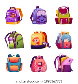 School Bags For Boys And Girls, Design And Models Of Boyish And Girlish Backpacks. Satchels With Supplies, Books And Pencils. Handbags With Accessories And Stationery. Flat Cartoon Style Vector