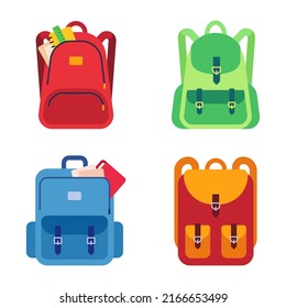 School bags, childish backpacks with stationery and notebooks. Kids colorful rucksacks with different supplies in pockets for education. Equipment for studying at college vector isolated set