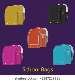 school bags five different colors. Best colors backpacks for school students, children bags vector illustration.