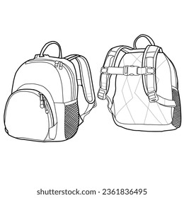 School bags with front and back views. Set of School Bags in outlines