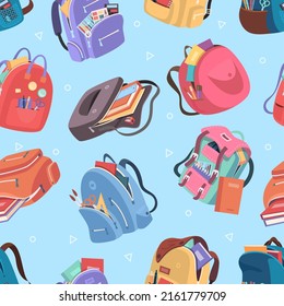 School bags pattern. Education accessories and textile containers for students exact vector seamless background