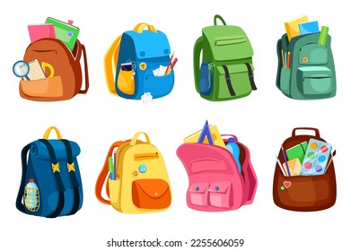 Las bolsas escolares establecen elementos gráficos en diseño plano. Paquete de diferentes mochilas, mochilas y mochilas con libros, bolsos y papel para alumno o estudiante. Ilustración vectorial de objetos aislados