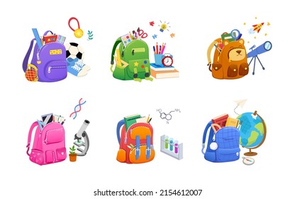 School bags set lesson, rucksack, backpack collection. Student, pupil, school supplies, Art class, geography, astronomy, sport, chemistry classes equipment. Cartoon backpacks. Vector illustration