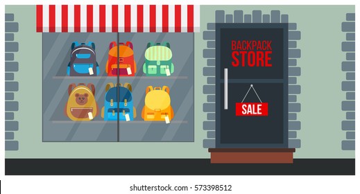 School bags store front with showcase, shelves with backpacks and sale sign, vector illustration