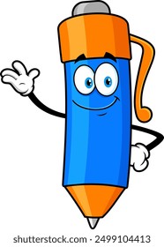School Ballpoint Pen Cartoon Character Waving For Greeting. Vector Hand Drawn Illustration Isolated On Transparent Background