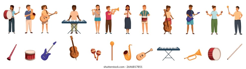  Conjunto de ícones da banda da escola. Músicos tocando vários instrumentos e uma coleção de diversos instrumentos musicais, celebrando música e diversidade