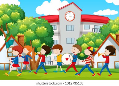 School Band Marching In Front Of School Illustration