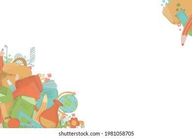 school baner design wiith different school supplies. school background with  different school signs. Banner design. 