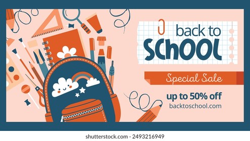 School banner about sale on stationery store. Flyer template for Back to School concept. Vector cute cartoon illustrations with backpack, bag, piece of paper, pencil, pen, notebook, marker, pin.